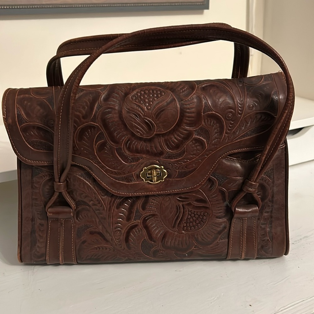 Deer,  genuine Vintage tool leathered bag , short satchel handles.